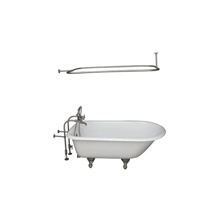 Tub Kit Brocton 68 Inch Cast Iron White Kit Includes Brushed Nickel Tub Filler 54 Inch Rectangular Shower Rod 30 Inch Freestanding Tub Supplies and Tub Drain Non-Skid Strips Ball and Claw Feet Elephant Spout Metal Cross Cradle Hose