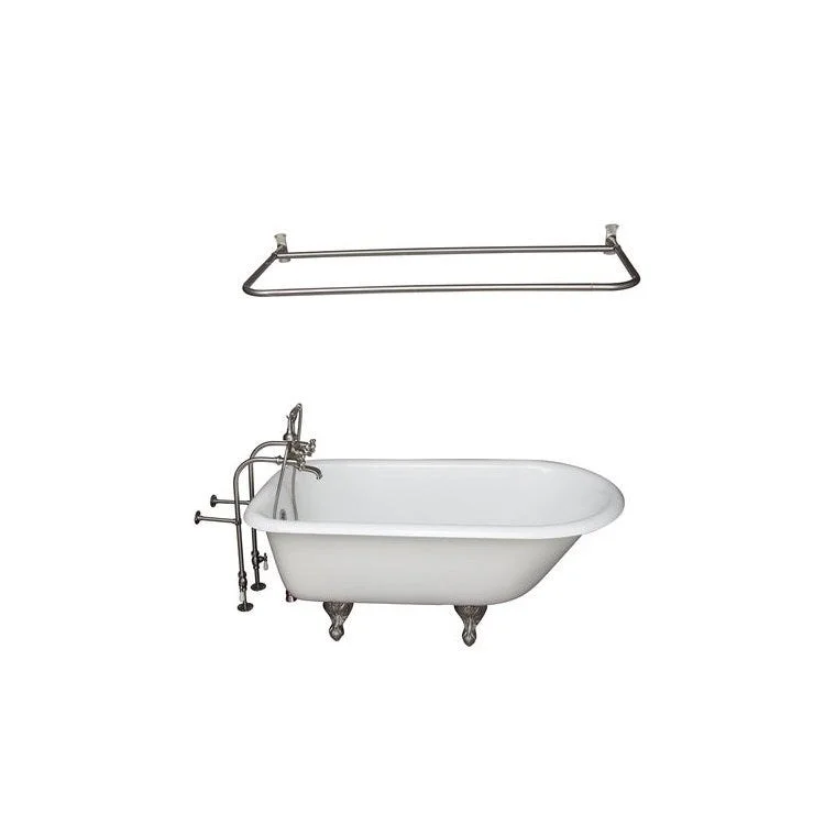 Tub Kit Brocton 68 Inch Cast Iron White Kit Includes Brushed Nickel Tub Filler 60 Inch Shower Rod 30 Inch Freestanding Tub Supplies and Tub Drain Non-Skid Strips Ball and Claw Feet Elephant Spout Metal Cross Cradle Hose