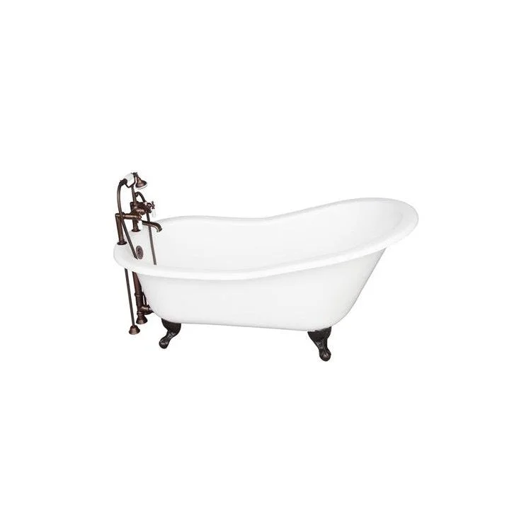 Tub Kit Icarus 67 Inch Cast Iron White Kit Includes Oil Rubbed Bronze Tub Filler with Handshower 24 Inch Straight Bath Supplies and Tub Drain Ball and Claw Feet Elephant Spout Porcelain Lever Cradle Hose