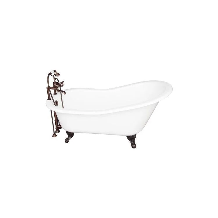 Tub Kit Icarus Freestanding 67 Inch Cast Iron White Includes Oil Rubbed Bronze Tub Filler with Handshower 24 Inch Straight Bath Supplies & Tub Drain Clawfoot Elephant Spout Metal Cross Handles Ceramic Disc Cartridges Cradle 60 Inch Hose 57 Gallon Capacity