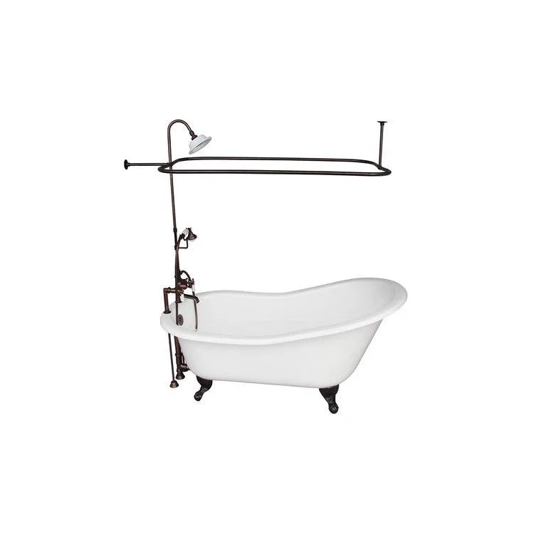 Tub Kit Icarus 67 Inch Cast Iron White Kit Includes Oil Rubbed Bronze Tub Filler with Handshower Riser Showerhead Rectangular Shower Rod 24 Inch Straight Bath Supplies and Tub Drain Ball and Claw Feet Elephant Spout Porcelain Lever Cradle Hose