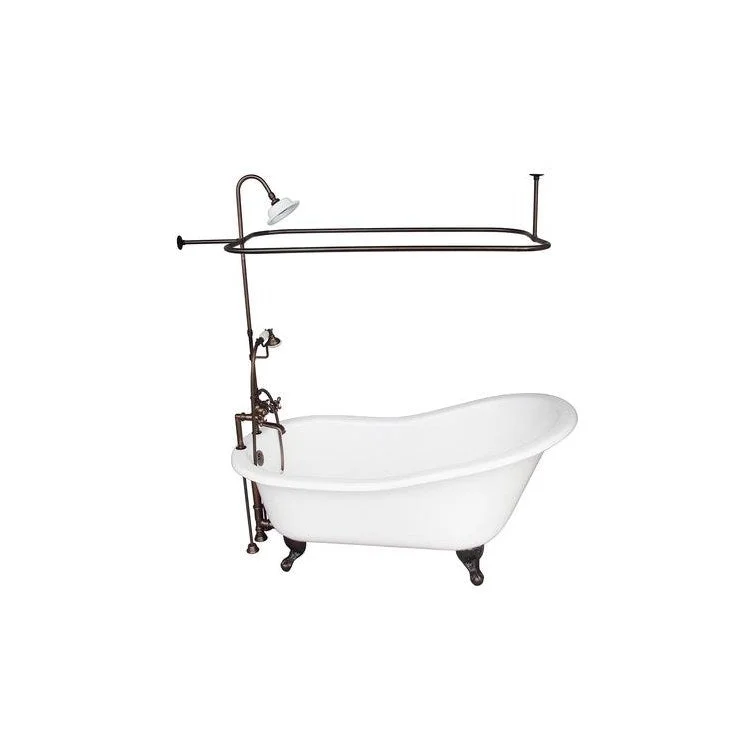 Tub Kit Icarus 67 Inch Cast Iron White Kit Includes Oil Rubbed Bronze Tub Filler with Handshower Riser Showerhead Rectangular Shower Rod 24 Inch Straight Bath Supplies and Tub Drain Ball and Claw Feet Elephant Spout Metal Cross Cradle Hose