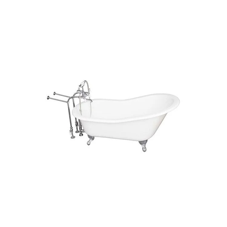 Tub Kit Griffin 60 Inch Cast Iron White Kit Includes Polished Chrome Brushed Nickel Tub Filler with Handshower 30 Inch Freestanding Bath Supplies and Tub Drain Non-Skid Strips Ball and Claw Feet Elephant Spout Porcelain Lever Cradle Hose