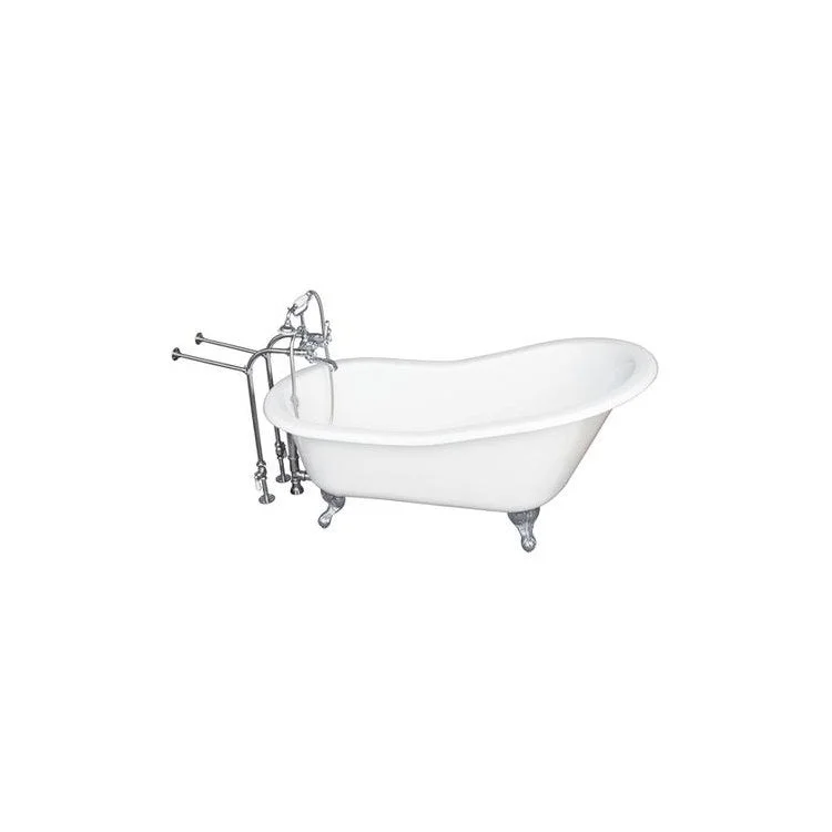 Tub Kit Griffin 60 Inch Cast Iron White Kit Includes Polished Chrome Brushed Nickel Tub Filler with Handshower 30 Inch Freestanding Bath Supplies and Tub Drain Non-Skid Strips Ball and Claw Feet Elephant Spout Metal Cross Cradle Hose