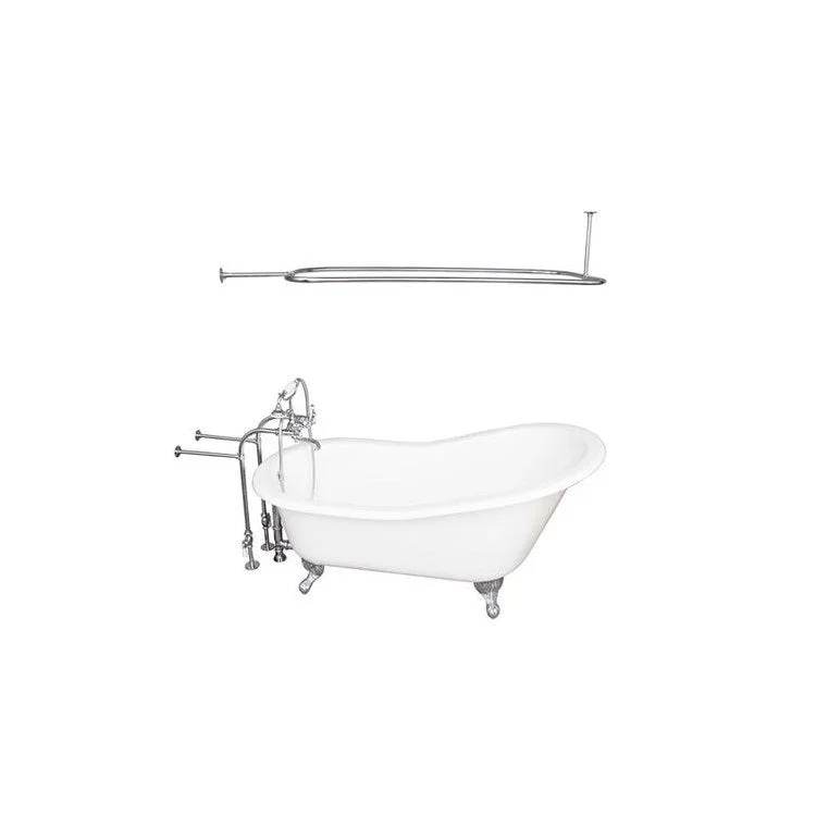 Tub Kit Griffin 60 Inch Cast Iron White Kit Includes Polished Chrome Brushed Nickel Tub Filler with Handshower Rectangular Shower Rod 30 Inch Freestanding Bath Supplies and Tub Drain Non-Skid Strips Ball and Claw Feet Elephant Spout Cross Cradle Hose