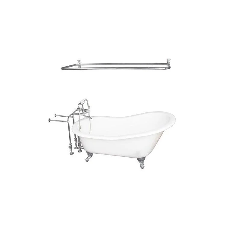 Tub Kit Griffin 60 Inch Cast Iron White Kit Includes Polished Chrome Brushed Nickel Tub Filler with Handshower Shower Rod 30 Inch Freestanding Bath Supplies and Tub Drain Non-Skid Strips Ball and Claw Feet Elephant Spout Porcelain Lever Cradle Hose