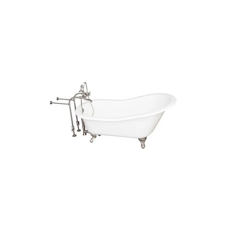 Tub Kit Griffin 60 Inch Cast Iron White Kit Includes Brushed Nickel Tub Filler with Handshower 30 Inch Freestanding Bath Supplies and Tub Drain Non-Skid Strips Ball and Claw Feet Elephant Spout Metal Cross Cradle Hose