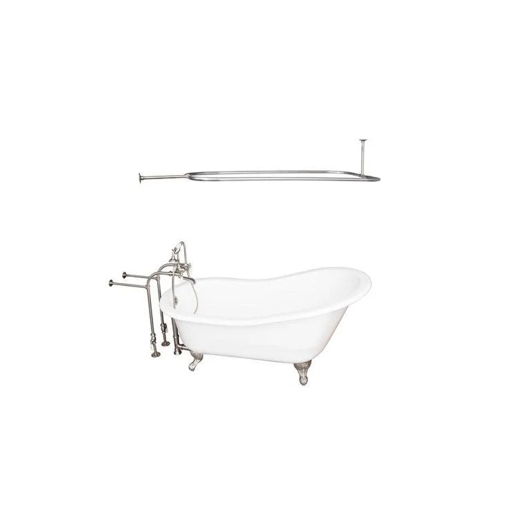 Tub Kit Griffin 60 Inch Cast Iron White Kit Includes Brushed Nickel Tub Filler with Handshower Rectangular Shower Rod 30 Inch Freestanding Bath Supplies and Tub Drain Non-Skid Strips Ball and Claw Feet Elephant Spout Porcelain Lever Cradle Hose