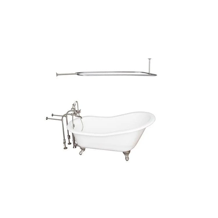 Tub Kit Griffin 60 Inch Cast Iron White Kit Includes Brushed Nickel Tub Filler with Handshower Rectangular Shower Rod 30 Inch Freestanding Bath Supplies and Tub Drain Non-Skid Strips Ball and Claw Feet Elephant Spout Metal Cross Cradle Hose