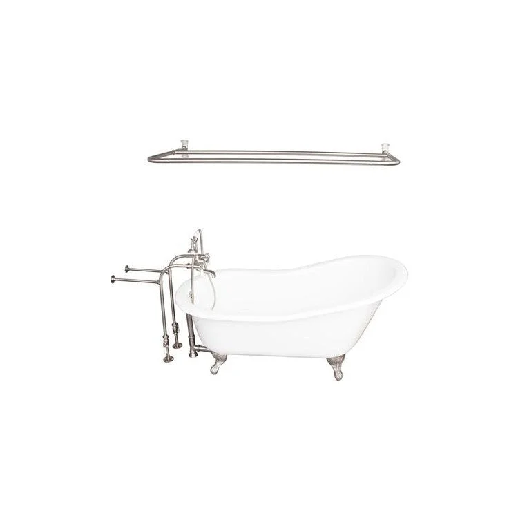 Tub Kit Griffin 60 Inch Cast Iron White Kit Includes Brushed Nickel Tub Filler with Handshower Shower Rod 30 Inch Freestanding Bath Supplies and Tub Drain Non-Skid Strips Ball and Claw Feet Elephant Spout Porcelain Lever Cradle Hose