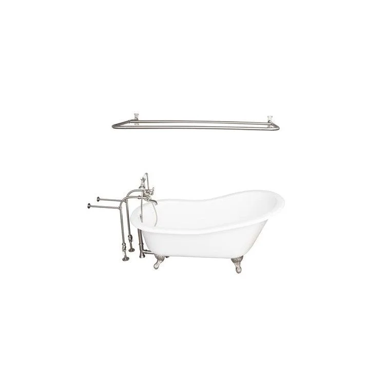 Tub Kit Griffin 60 Inch Cast Iron White Kit Includes Brushed Nickel Tub Filler with Handshower Shower Rod 30 Inch Freestanding Bath Supplies and Tub Drain Non-Skid Strips Ball and Claw Feet Elephant Spout Metal Cross Cradle Hose