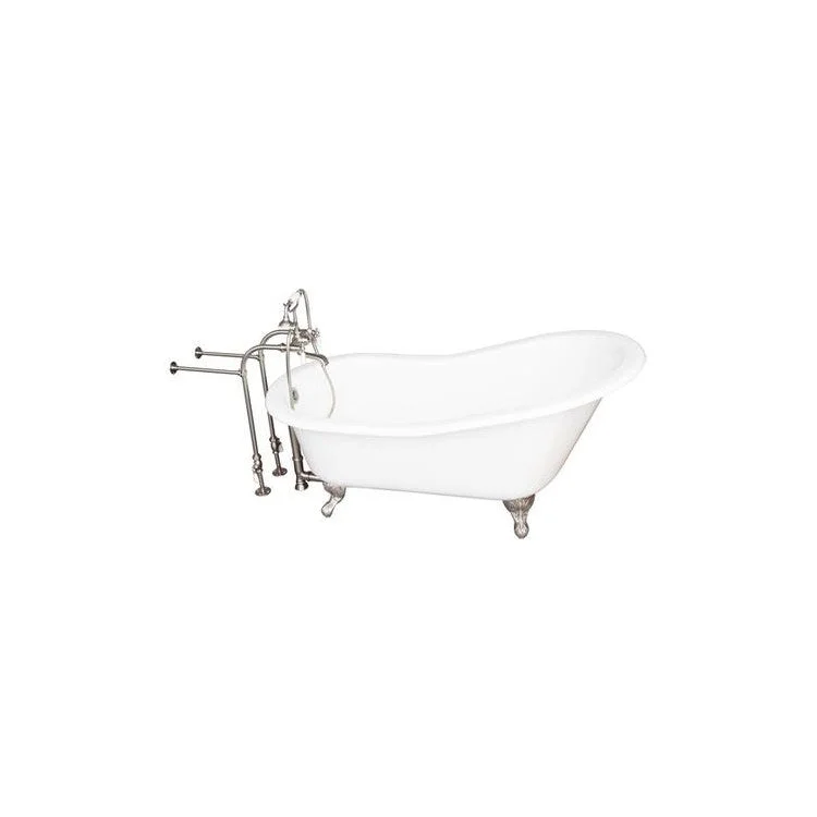 Tub Kit Icarus 67 Inch Cast Iron White Kit Includes Brushed Nickel Tub Filler with Handshower 30 Inch Freestanding Bath Supplies and Tub Drain Ball and Claw Feet Elephant Spout Porcelain Lever Cradle Hose