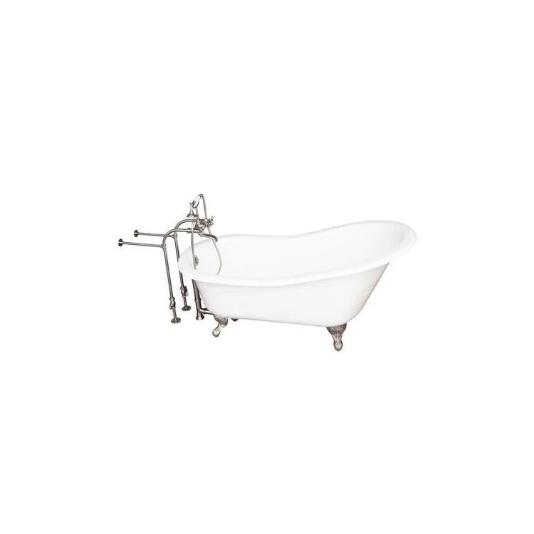 Tub Kit Icarus 67 Inch Cast Iron White Kit Includes Brushed Nickel Tub Filler with Handshower 30 Inch Freestanding Bath Supplies and Tub Drain Ball and Claw Feet Elephant Spout Metal Cross Cradle Hose