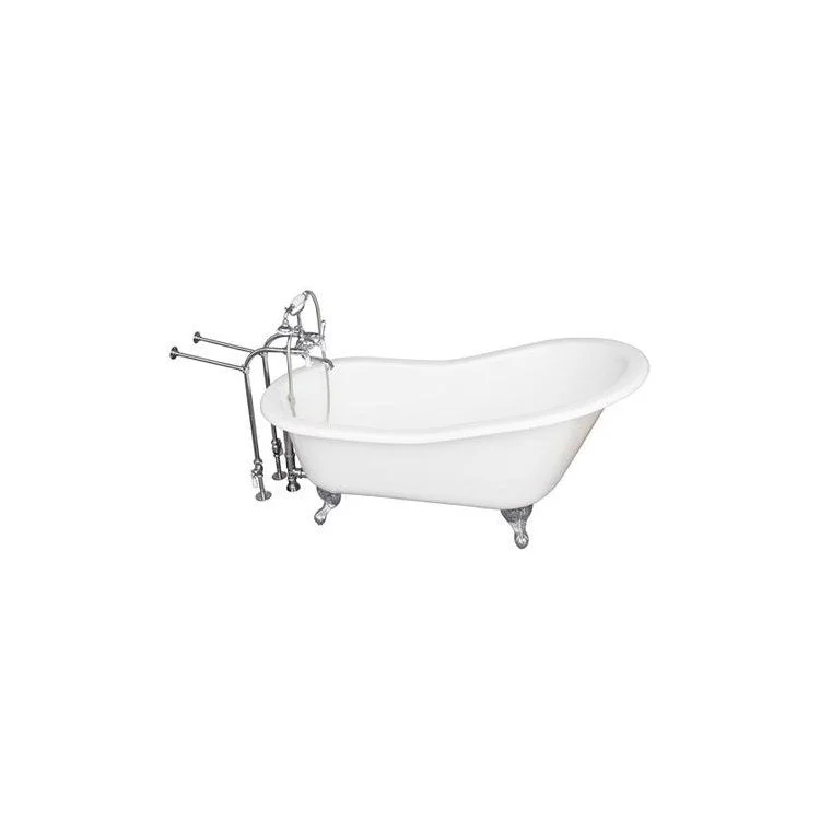 Tub Kit Icarus 67 Inch Cast Iron White Kit Includes Polished Chrome Tub Filler with Handshower 30 Inch Freestanding Bath Supplies and Tub Drain Ball and Claw Feet Elephant Spout Porcelain Lever Cradle Hose