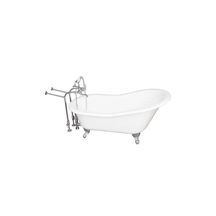 Tub Kit Icarus 67 Inch Cast Iron White Kit Includes Polished Chrome Tub Filler with Handshower 30 Inch Freestanding Bath Supplies and Tub Drain Ball and Claw Feet Elephant Spout Metal Cross Cradle Hose