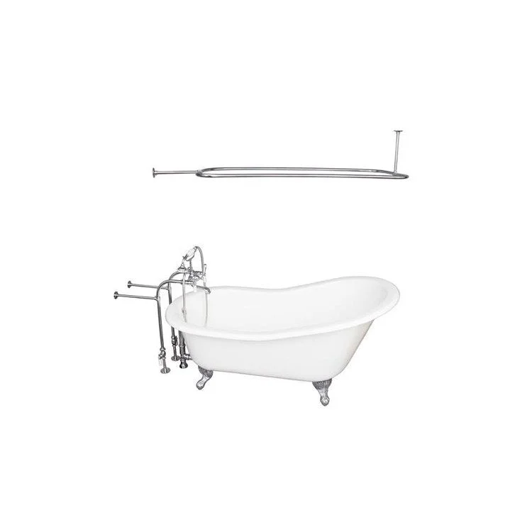 Tub Kit Icarus 67 Inch Cast Iron White Kit Includes Polished Chrome Tub Filler with Handshower Rectangular Shower Rod 30 Inch Freestanding Bath Supplies and Tub Drain Ball and Claw Feet Elephant Spout Porcelain Lever Cradle Hose