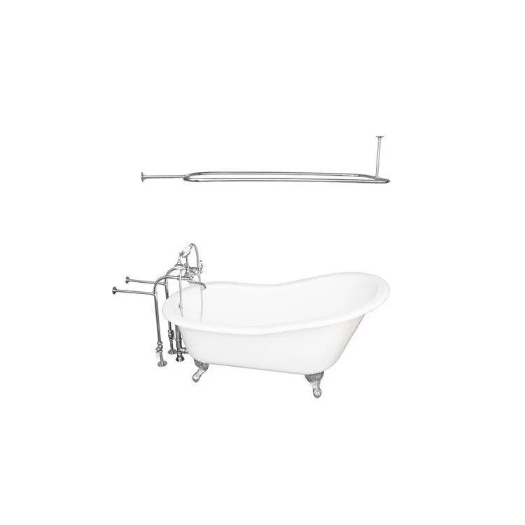 Tub Kit Icarus 67 Inch Cast Iron White Kit Includes Polished Chrome Tub Filler with Handshower Rectangular Shower Rod 30 Inch Freestanding Bath Supplies and Tub Drain Ball and Claw Feet Elephant Spout Metal Cross Cradle Hose