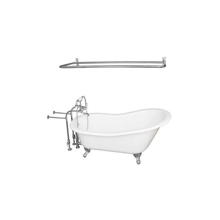 Tub Kit Icarus 67 Inch Cast Iron White Kit Includes Polished Chrome Tub Filler with Handshower Shower Rod 30 Inch Freestanding Bath Supplies and Tub Drain Ball and Claw Feet Elephant Spout Porcelain Lever Cradle Hose