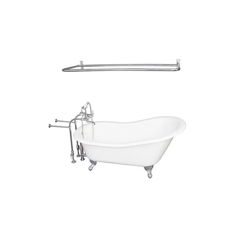 Tub Kit Icarus 67 Inch Cast Iron White Kit Includes Polished Chrome Tub Filler with Handshower Shower Rod 30 Inch Freestanding Bath Supplies and Tub Drain Ball and Claw Feet Elephant Spout Metal Cross Cradle Hose