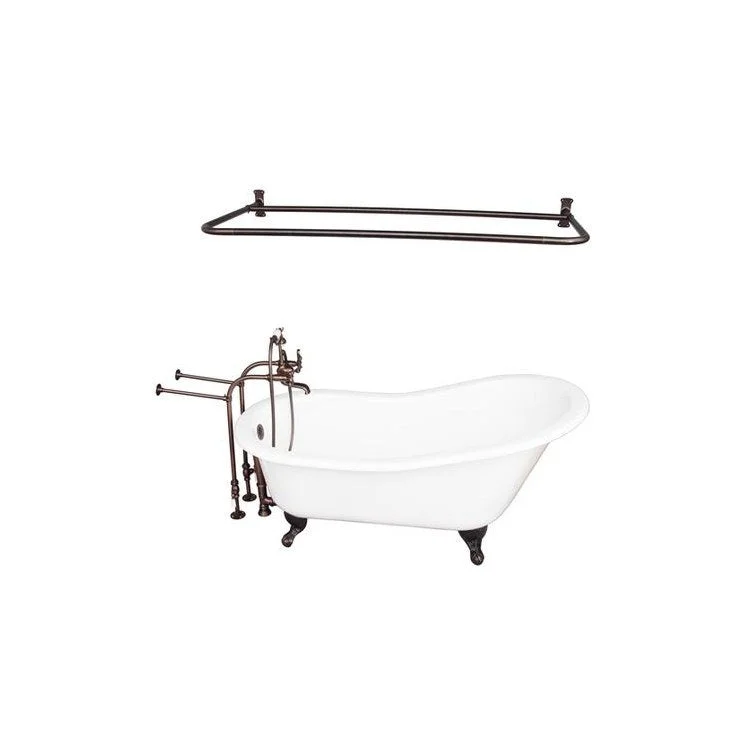 Tub Kit Icarus 67 Inch Cast Iron White Kit Includes Oil Rubbed Bronze Tub Filler with Handshower Shower Rod 30 Inch Freestanding Bath Supplies and Tub Drain Ball and Claw Feet Elephant Spout Metal Cross Cradle Hose